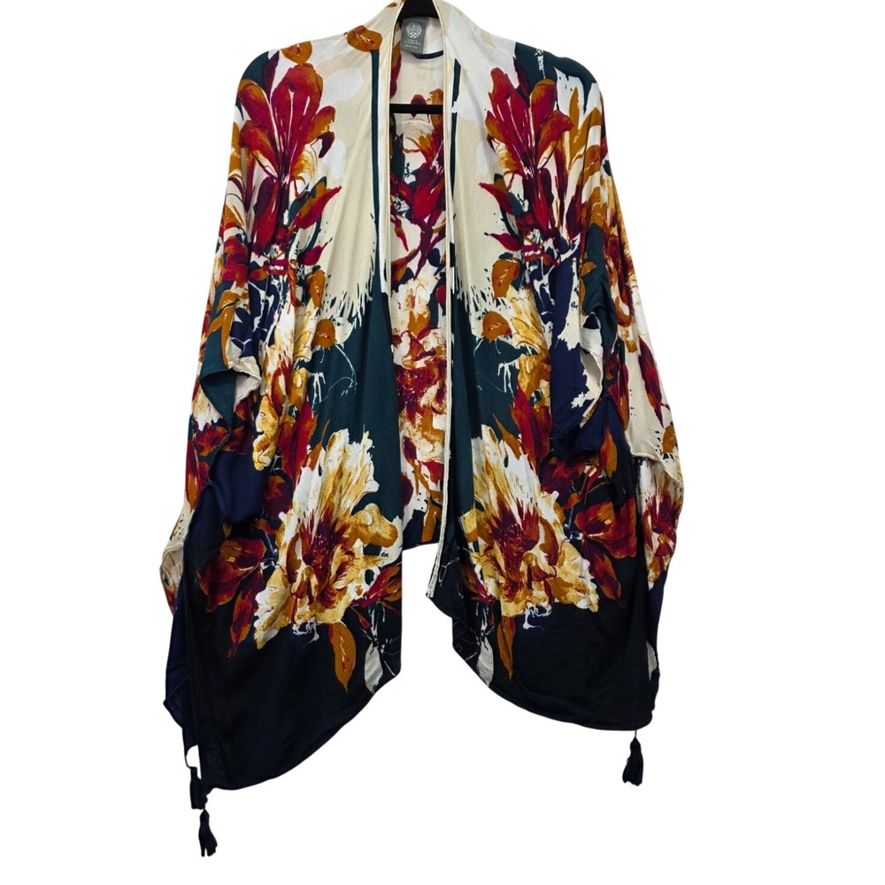 Vince Camuto Women Floral Kimono Wrap Navy Blue Yellow Tassel Dolman Boho OS